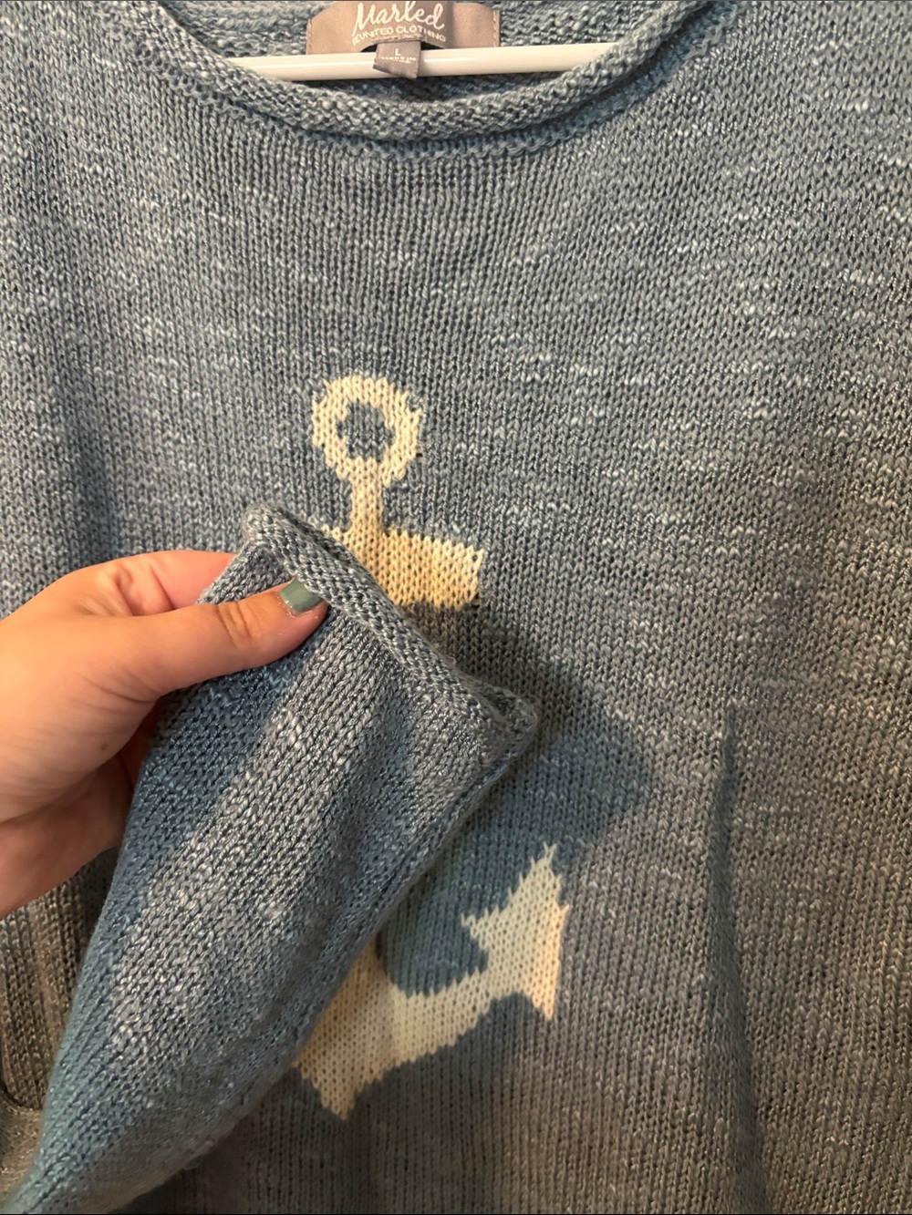 Coastal New England Summer Quiet Luxe Marled ReUnited Anchor Knit Sweater Large - Picture 4 of 5